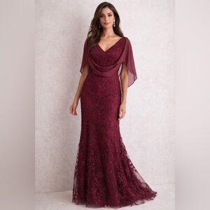 Burgundy Lace Cocktail Dress Chiffon Shawl Overlay Size 10